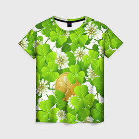 Женская футболка 3D с принтом Ирландский Клевер и Монетка в Тюмени, 100% полиэфир ( синтетическое хлопкоподобное полотно) | прямой крой, круглый вырез горловины, длина до линии бедер | день ирландии | зеленая | зеленый | ирландец | ирландская | ирландский | клевер | монета | патрик | с патриком