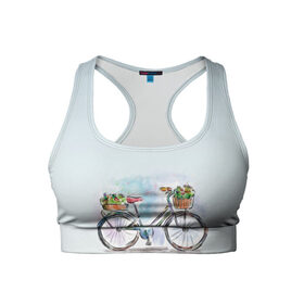 Женский спортивный топ 3D с принтом акварельный велосипед в Тюмени, 82% полиэстер, 18% спандекс Ткань безопасна для здоровья, позволяет коже дышать, не мнется и не растягивается |  | акварель | багажник | букет | велосипед | женский велик | корзинка | краска | мило | низкая рама | рисунок