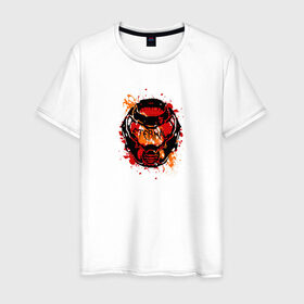 Мужская футболка хлопок с принтом Doom Eternal в Тюмени, 100% хлопок | прямой крой, круглый вырез горловины, длина до линии бедер, слегка спущенное плечо. | doom eternal | брызги | герой | дум | думгай | игра | краска | маска | персонаж | шлем