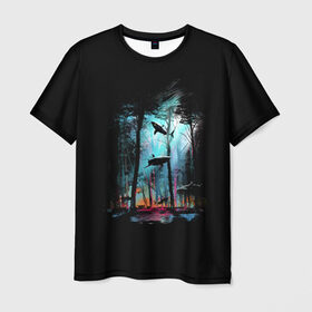 Мужская футболка 3D с принтом Shark forest в Тюмени, 100% полиэфир | прямой крой, круглый вырез горловины, длина до линии бедер | bottom | colors | dusk | ecosystem | forest | paints | predator | predators | shark | sharks | tree | trees | акула | акулы | дерево | деревья | дно | краски | лес | сумерки | хищник | хищники | экосистема