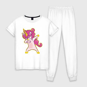 Женская пижама хлопок с принтом Dab unicorn в Тюмени, 100% хлопок | брюки и футболка прямого кроя, без карманов, на брюках мягкая резинка на поясе и по низу штанин | dab unicorn | unicorn | единорог | лошадка | танцующий единорог