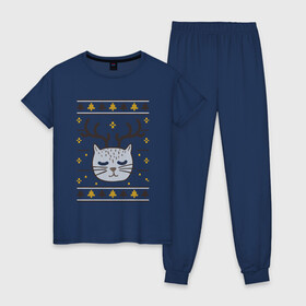 Женская пижама хлопок с принтом Рождественский свитер с котом в Тюмени, 100% хлопок | брюки и футболка прямого кроя, без карманов, на брюках мягкая резинка на поясе и по низу штанин | food | mandarins | mem | meme | new year | sweater | ugly | в слюнявчике | еда | жрать | жрац | кот | котяра | кушац | кушот | мем | мем с котом | мемы | неси | новый год | оливье | прикол | рождество | свитер | слюнявчик
