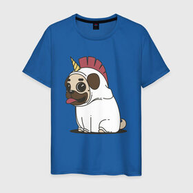 Мужская футболка хлопок с принтом Мопс Единорог в Тюмени, 100% хлопок | прямой крой, круглый вырез горловины, длина до линии бедер, слегка спущенное плечо. | Тематика изображения на принте: unicorn | единорог | мопс | мопс в костюме | собаки