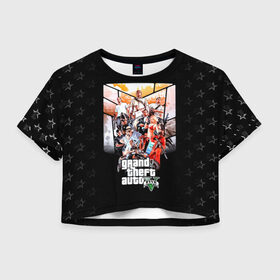 Женская футболка Crop-top 3D с принтом Grand Theft Auto five в Тюмени, 100% полиэстер | круглая горловина, длина футболки до линии талии, рукава с отворотами | 4 | 5 | five | games | grand theft auto | gta | gta v | los santos | online | rockstar | san andreas | великое авто воровство | гта | гташка | игры | логотип | лос сантос | майкл | мафия | ограбление | онлайн | пеф | рокстар | самп | сан андреас 