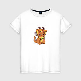 Женская футболка хлопок с принтом Время пиццы! в Тюмени, 100% хлопок | прямой крой, круглый вырез горловины, длина до линии бедер, слегка спущенное плечо | pizza time | еда | животные | кот | котик | кошка | пицца