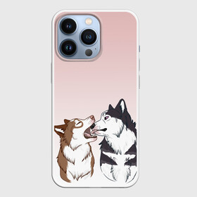 Чехол для iPhone 13 Pro с принтом Хаски играют в Тюмени,  |  | Тематика изображения на принте: акито | вместе | волк | волки | гав | друг | зевает | играют | кусь | лижет | облизывают | пара | пес | питомец | рисунок | собака | собачка | хаски