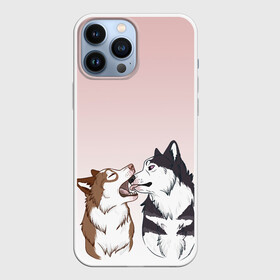 Чехол для iPhone 13 Pro Max с принтом Хаски играют в Тюмени,  |  | Тематика изображения на принте: акито | вместе | волк | волки | гав | друг | зевает | играют | кусь | лижет | облизывают | пара | пес | питомец | рисунок | собака | собачка | хаски
