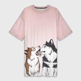 Платье-футболка 3D с принтом Хаски играют в Тюмени,  |  | акито | вместе | волк | волки | гав | друг | зевает | играют | кусь | лижет | облизывают | пара | пес | питомец | рисунок | собака | собачка | хаски