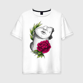 Женская футболка хлопок Oversize с принтом Head of david in flowers в Тюмени, 100% хлопок | свободный крой, круглый ворот, спущенный рукав, длина до линии бедер
 | 8 марта | girl | woman | бабушка | весна | девушкам | девушке | девушки | женский | листья | мама | март | пионы | подарок | тренд | цветочки | цветы