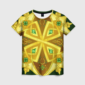 Женская футболка 3D с принтом Золотой клевер в Тюмени, 100% полиэфир ( синтетическое хлопкоподобное полотно) | прямой крой, круглый вырез горловины, длина до линии бедер | золото | кельтский узор | клевер | подарки | узор