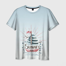 Мужская футболка 3D с принтом кораблик лето в Тюмени, 100% полиэфир | прямой крой, круглый вырез горловины, длина до линии бедер | брызги | вода | волны | градиент | кораблик | лето | море | отдых | отпуск | парусник | фан | чайки | яхта