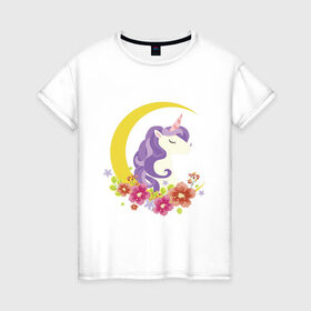 Женская футболка хлопок с принтом единорог полумесяц цветы в Тюмени, 100% хлопок | прямой крой, круглый вырез горловины, длина до линии бедер, слегка спущенное плечо | грива | детский | добрый | единорог | лошадка | луна | месяц | полумесяц | пони | портрет | радужный | рисунок | цветы