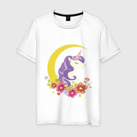 Мужская футболка хлопок с принтом единорог полумесяц цветы в Тюмени, 100% хлопок | прямой крой, круглый вырез горловины, длина до линии бедер, слегка спущенное плечо. | грива | детский | добрый | единорог | лошадка | луна | месяц | полумесяц | пони | портрет | радужный | рисунок | цветы