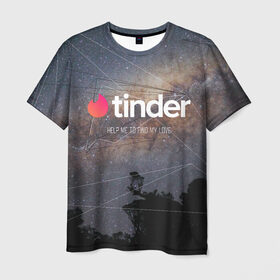 Мужская футболка 3D с принтом Tinder Find Love Тиндер в Тюмени, 100% полиэфир | прямой крой, круглый вырез горловины, длина до линии бедер | find | help | love | me | my | to | геометрия | звезды | знакомства | космос | небо | тиндер