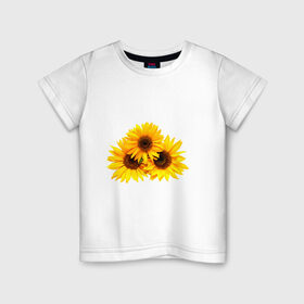 Детская футболка хлопок с принтом Подсолнухи в Тюмени, 100% хлопок | круглый вырез горловины, полуприлегающий силуэт, длина до линии бедер | желтый | лето | оранжевый | подсолнухи | рубэкия | румбекия | солнце | цветы | ярко