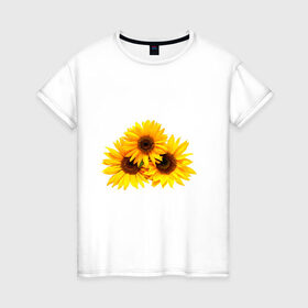Женская футболка хлопок с принтом Подсолнухи в Тюмени, 100% хлопок | прямой крой, круглый вырез горловины, длина до линии бедер, слегка спущенное плечо | Тематика изображения на принте: желтый | лето | оранжевый | подсолнухи | рубэкия | румбекия | солнце | цветы | ярко