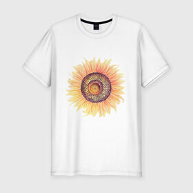 Мужская футболка хлопок Slim с принтом большой подсолнух рисунок в Тюмени, 92% хлопок, 8% лайкра | приталенный силуэт, круглый вырез ворота, длина до линии бедра, короткий рукав | акварель | желтый | краска | лето | оранжевый | подсолнухи | рисунок | рубэкия | румбекия | солнце | цветы | ярко