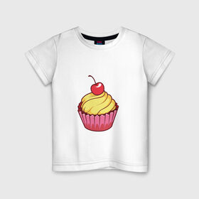 Детская футболка хлопок с принтом кекс с вишней в Тюмени, 100% хлопок | круглый вырез горловины, полуприлегающий силуэт, длина до линии бедер | вишенка | вишня | вкусняшка | десерт | еда | желтый | кекс | кексик | крем | нямка | праздник | розовый | сладости | торт | тортик