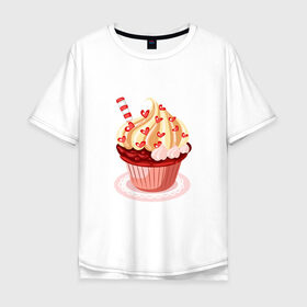 Мужская футболка хлопок Oversize с принтом кекс сердечки вкуснота в Тюмени, 100% хлопок | свободный крой, круглый ворот, “спинка” длиннее передней части | вишенка | вкуснотя | вкусняшка | десерт | еда | кекс | кексик | крем | ням | праздник | сладости | торт | тортик