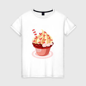 Женская футболка хлопок с принтом кекс сердечки вкуснота в Тюмени, 100% хлопок | прямой крой, круглый вырез горловины, длина до линии бедер, слегка спущенное плечо | вишенка | вкуснотя | вкусняшка | десерт | еда | кекс | кексик | крем | ням | праздник | сладости | торт | тортик