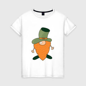 Женская футболка хлопок с принтом Гном - День святого Патрика в Тюмени, 100% хлопок | прямой крой, круглый вырез горловины, длина до линии бедер, слегка спущенное плечо | борода | гном | день святого патрика | зеленый | ирландия | лепрекон | мультяшный | оранжевый | патрик | подарок | символ | смешной | фэнтези | шляпа