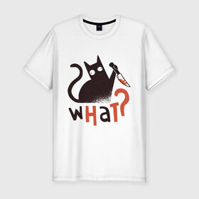 Мужская футболка хлопок Slim с принтом ЧТО? в Тюмени, 92% хлопок, 8% лайкра | приталенный силуэт, круглый вырез ворота, длина до линии бедра, короткий рукав | art | black cat | cat | inscription | knife | арт | кот | котик | надпись | нож | ножик | черный кот