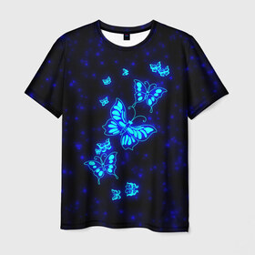 Мужская футболка 3D с принтом Неоновые бабочки в Тюмени, 100% полиэфир | прямой крой, круглый вырез горловины, длина до линии бедер | butterfly | dream | fantasy | neon | space | stars | wings | бабочки | бабочки космос | блестящие | весна | вселенная | галактика | голубые бабочки | девочкам | девушкам | звезды | космические | космос | крыя | лето