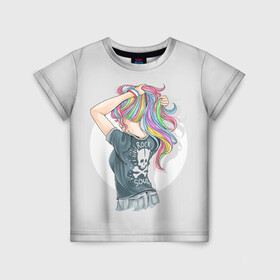 Детская футболка 3D с принтом Девушка - рокер в Тюмени, 100% гипоаллергенный полиэфир | прямой крой, круглый вырез горловины, длина до линии бедер, чуть спущенное плечо, ткань немного тянется | rock | девушка | девушка рокер | девушка с разноцветными волосами | рок