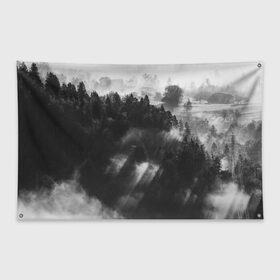 Флаг-баннер с принтом Туман в лесу в Тюмени, 100% полиэстер | размер 67 х 109 см, плотность ткани — 95 г/м2; по краям флага есть четыре люверса для крепления | tegunvteg | деревья | лес | листья | природа | темный лес | туман