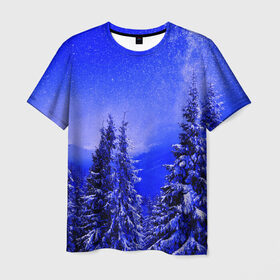 Мужская футболка 3D с принтом Зимний лес в Тюмени, 100% полиэфир | прямой крой, круглый вырез горловины, длина до линии бедер | Тематика изображения на принте: tegunvteg | деревья | зима | зимний лес | лес | листья | мороз | природа | снег | темный лес