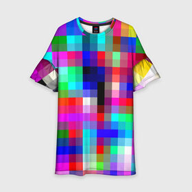 Детское платье 3D с принтом РАЗНОЦВЕТНЫЕ ПИКСЕЛИ / КУБЫ в Тюмени, 100% полиэстер | прямой силуэт, чуть расширенный к низу. Круглая горловина, на рукавах — воланы | abstraction | cube | geometry | hexagon | neon | paints | stripes | texture | triangle | абстракция | брызги | геометрия | краски | кубы | неон | соты | текстура