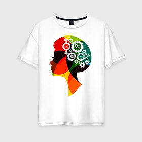 Женская футболка хлопок Oversize с принтом шестеренки в женской голове в Тюмени, 100% хлопок | свободный крой, круглый ворот, спущенный рукав, длина до линии бедер
 | арт | весна | восьмерка | голова | девушка | женский день | женщина | идеи | креатив | праздник | рисунок | руководитель | силуэт | ум | цветы | шестеренки