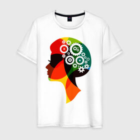 Мужская футболка хлопок с принтом шестеренки в женской голове в Тюмени, 100% хлопок | прямой крой, круглый вырез горловины, длина до линии бедер, слегка спущенное плечо. | арт | весна | восьмерка | голова | девушка | женский день | женщина | идеи | креатив | праздник | рисунок | руководитель | силуэт | ум | цветы | шестеренки