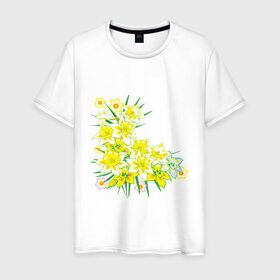 Мужская футболка хлопок с принтом Желтые нарциссы в Тюмени, 100% хлопок | прямой крой, круглый вырез горловины, длина до линии бедер, слегка спущенное плечо. | букет | весна | восьмерка | женский день | нарцисс | нарциссы | праздник | рисунок | уголок | цветы
