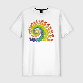 Мужская футболка хлопок Slim с принтом Very Nice Rainbow. Радуга в Тюмени, 92% хлопок, 8% лайкра | приталенный силуэт, круглый вырез ворота, длина до линии бедра, короткий рукав | красивая | красивый текст | очень | очень прекрасный | позитив | прикольная картинка | прикольный текст | радуга | спираль | улитка