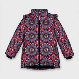 Зимняя куртка для девочек 3D с принтом Африканский цветочный узор в Тюмени, ткань верха — 100% полиэстер; подклад — 100% полиэстер, утеплитель — 100% полиэстер. | длина ниже бедра, удлиненная спинка, воротник стойка и отстегивающийся капюшон. Есть боковые карманы с листочкой на кнопках, утяжки по низу изделия и внутренний карман на молнии. 

Предусмотрены светоотражающий принт на спинке, радужный светоотражающий элемент на пуллере молнии и на резинке для утяжки. | africa | ethnic | flora | floral | nigeria | ornament | pattern | texture | wata | африка | гаити | история | йемайя | культура | мами вата | мозамбик | орнамент | племенной узор | племя | текстура | флора | флористика | цветки | цвето