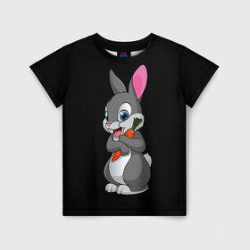 Детская футболка 3D с принтом ЗАЙКА в Тюмени, 100% гипоаллергенный полиэфир | прямой крой, круглый вырез горловины, длина до линии бедер, чуть спущенное плечо, ткань немного тянется | Тематика изображения на принте: bunny | cartoon | hare | rabbit | белый | зайчик | заяц | кролик | морковка | мультик | серый
