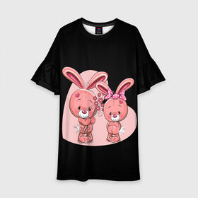 Детское платье 3D с принтом ЗАЙЧИКИ в Тюмени, 100% полиэстер | прямой силуэт, чуть расширенный к низу. Круглая горловина, на рукавах — воланы | Тематика изображения на принте: bunny | cartoon | hare | rabbit | зайка | заяц | кролик | мультик | розовый | цветы