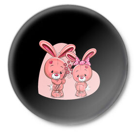 Значок с принтом ЗАЙЧИКИ в Тюмени,  металл | круглая форма, металлическая застежка в виде булавки | bunny | cartoon | hare | rabbit | зайка | заяц | кролик | мультик | розовый | цветы