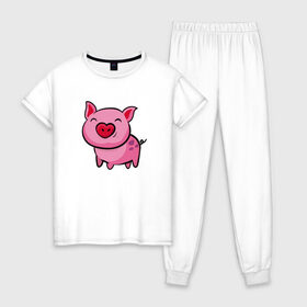 Женская пижама хлопок с принтом ПОРОСЁНОК в Тюмени, 100% хлопок | брюки и футболка прямого кроя, без карманов, на брюках мягкая резинка на поясе и по низу штанин | boar | cute | pig | piglet | pink | smile | кабан | милый | поросенок | пятачок | розовый | свинья | улыбка