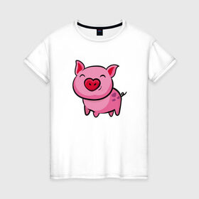 Женская футболка хлопок с принтом ПОРОСЁНОК в Тюмени, 100% хлопок | прямой крой, круглый вырез горловины, длина до линии бедер, слегка спущенное плечо | boar | cute | pig | piglet | pink | smile | кабан | милый | поросенок | пятачок | розовый | свинья | улыбка