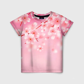 Детская футболка 3D с принтом САКУРА в Тюмени, 100% гипоаллергенный полиэфир | прямой крой, круглый вырез горловины, длина до линии бедер, чуть спущенное плечо, ткань немного тянется | flowers | весна | лепестки | лето | растения | розовый | сакура | цвет. | цветы | япония