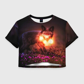 Женская футболка Crop-top 3D с принтом Лисица с фонариками в Тюмени, 100% полиэстер | круглая горловина, длина футболки до линии талии, рукава с отворотами | fox | foxy | животное | звери | лиса | лисенок | лисичка | милая | рыжая | фокс