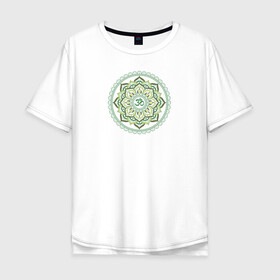 Мужская футболка хлопок Oversize с принтом Mandala chakra Anahata Green в Тюмени, 100% хлопок | свободный крой, круглый ворот, “спинка” длиннее передней части | Тематика изображения на принте: anahata | chakra | mandala | om | yoga | йога | сердечная | чакра