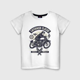 Детская футболка хлопок с принтом кафе гонщик классический в Тюмени, 100% хлопок | круглый вырез горловины, полуприлегающий силуэт, длина до линии бедер | motorcycle | racer | гонщик | мотоцикл