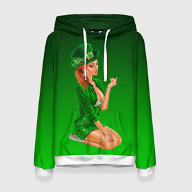 Женская толстовка 3D с принтом девушка лепрекон в зеленом в Тюмени, 100% полиэстер  | двухслойный капюшон со шнурком для регулировки, мягкие манжеты на рукавах и по низу толстовки, спереди карман-кенгуру с мягким внутренним слоем. | 17 марта | девушка | день святого патрика | зеленый | зеленый костюм | ирландия | клевер | кружка | лепрекон | модель | монеты | рисунок | традиции | эль