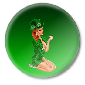 Значок с принтом девушка лепрекон в зеленом в Тюмени,  металл | круглая форма, металлическая застежка в виде булавки | 17 марта | девушка | день святого патрика | зеленый | зеленый костюм | ирландия | клевер | кружка | лепрекон | модель | монеты | рисунок | традиции | эль