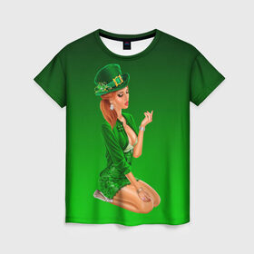 Женская футболка 3D с принтом девушка лепрекон в зеленом в Тюмени, 100% полиэфир ( синтетическое хлопкоподобное полотно) | прямой крой, круглый вырез горловины, длина до линии бедер | 17 марта | девушка | день святого патрика | зеленый | зеленый костюм | ирландия | клевер | кружка | лепрекон | модель | монеты | рисунок | традиции | эль