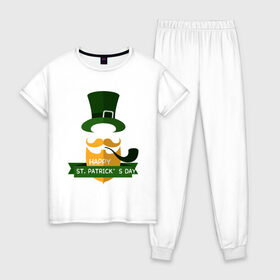 Женская пижама хлопок с принтом настоящий ирландец в Тюмени, 100% хлопок | брюки и футболка прямого кроя, без карманов, на брюках мягкая резинка на поясе и по низу штанин | 17 марта | день святого патрика | зеленый | ирландия | клевер | надпись | пожелние | традиции | трубка | цилиндр | шляпа