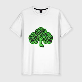 Мужская футболка хлопок Slim с принтом кельтский клевер в Тюмени, 92% хлопок, 8% лайкра | приталенный силуэт, круглый вырез ворота, длина до линии бедра, короткий рукав | 17 марта | день святого патрика | дерево | зеленый | ирландия | кельтский узор | клевер | рисунок | традиции | трехлистник